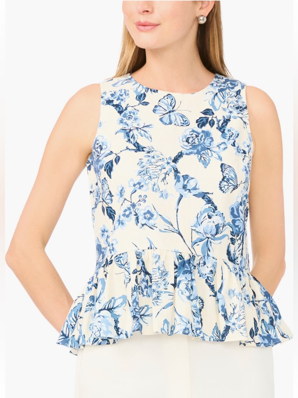 NWT Ted Baker Print Peplum Top in Vanilla Ice sz L Cream Blue Floral Linen Blend